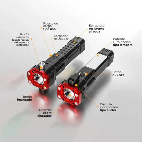 SafeTorch Pro - Linterna de Emergencia con Martillo de Seguridad AUT