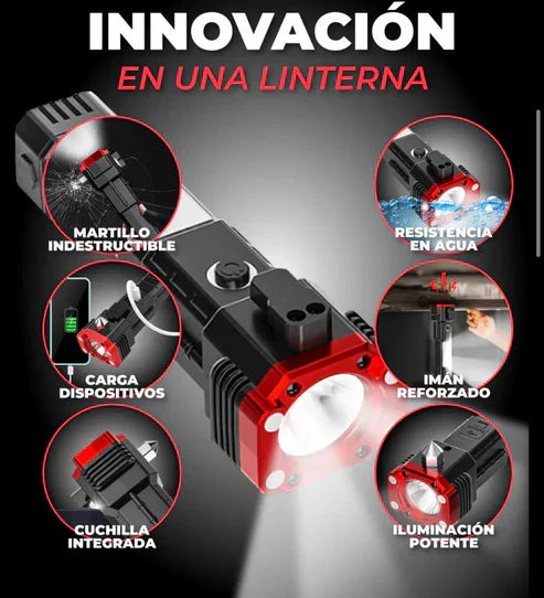 SafeTorch Pro - Linterna de Emergencia con Martillo de Seguridad AUT